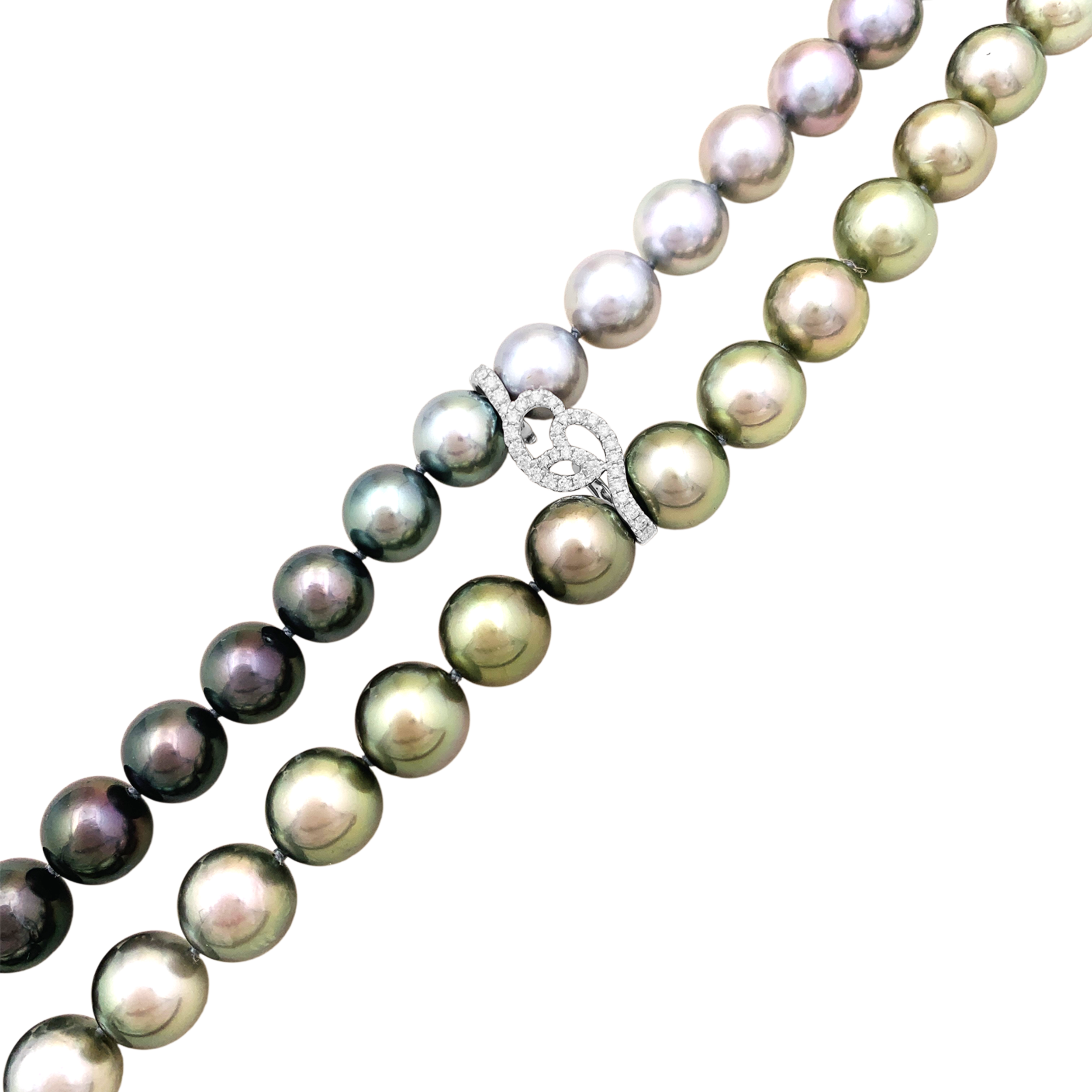 Sautoir perles de Tahiti, or blanc et diamants.