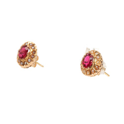Yellow Gold Stud Earrings with Pearls and Rubies