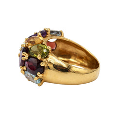 Cocktail Ring in yellow gold, with aquamarine, garnets, Amethyst, Peridot, Topaz, and Citrines