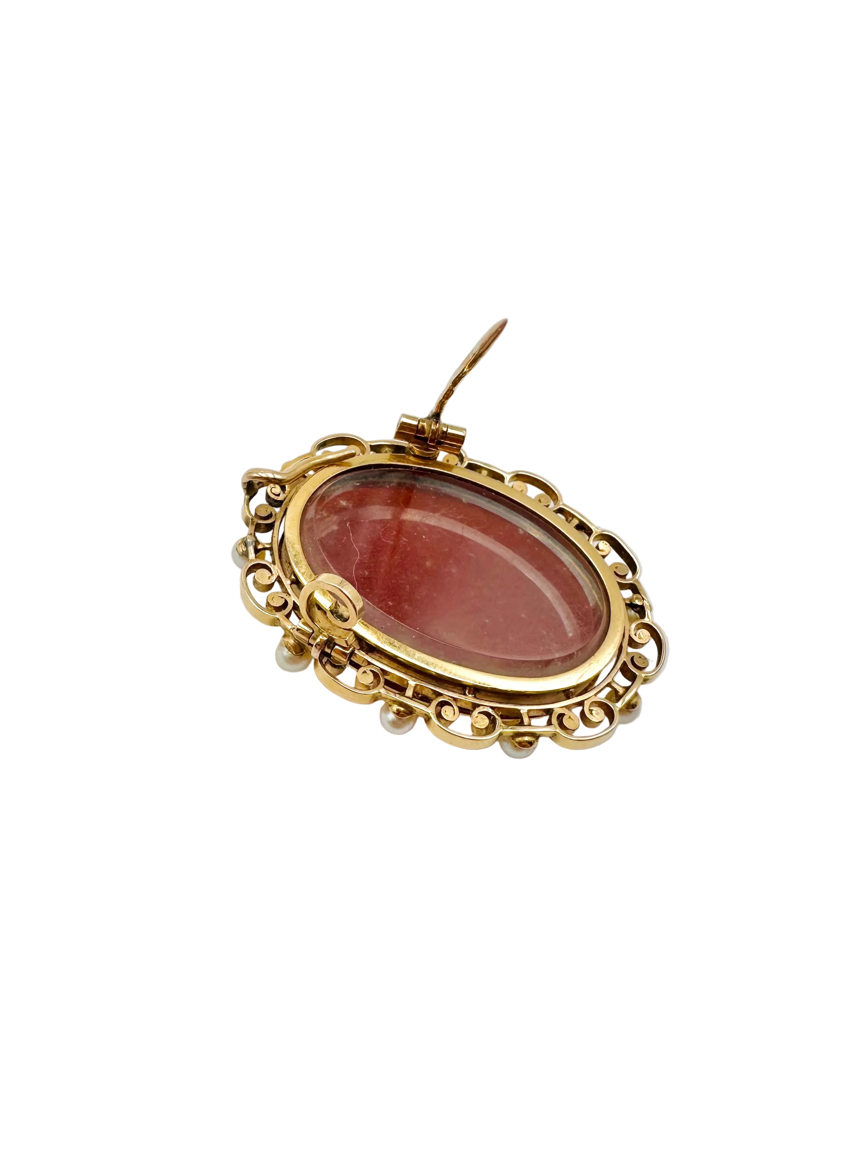 Brooch/Pendetif Cameo in yellow gold, agate and pearls