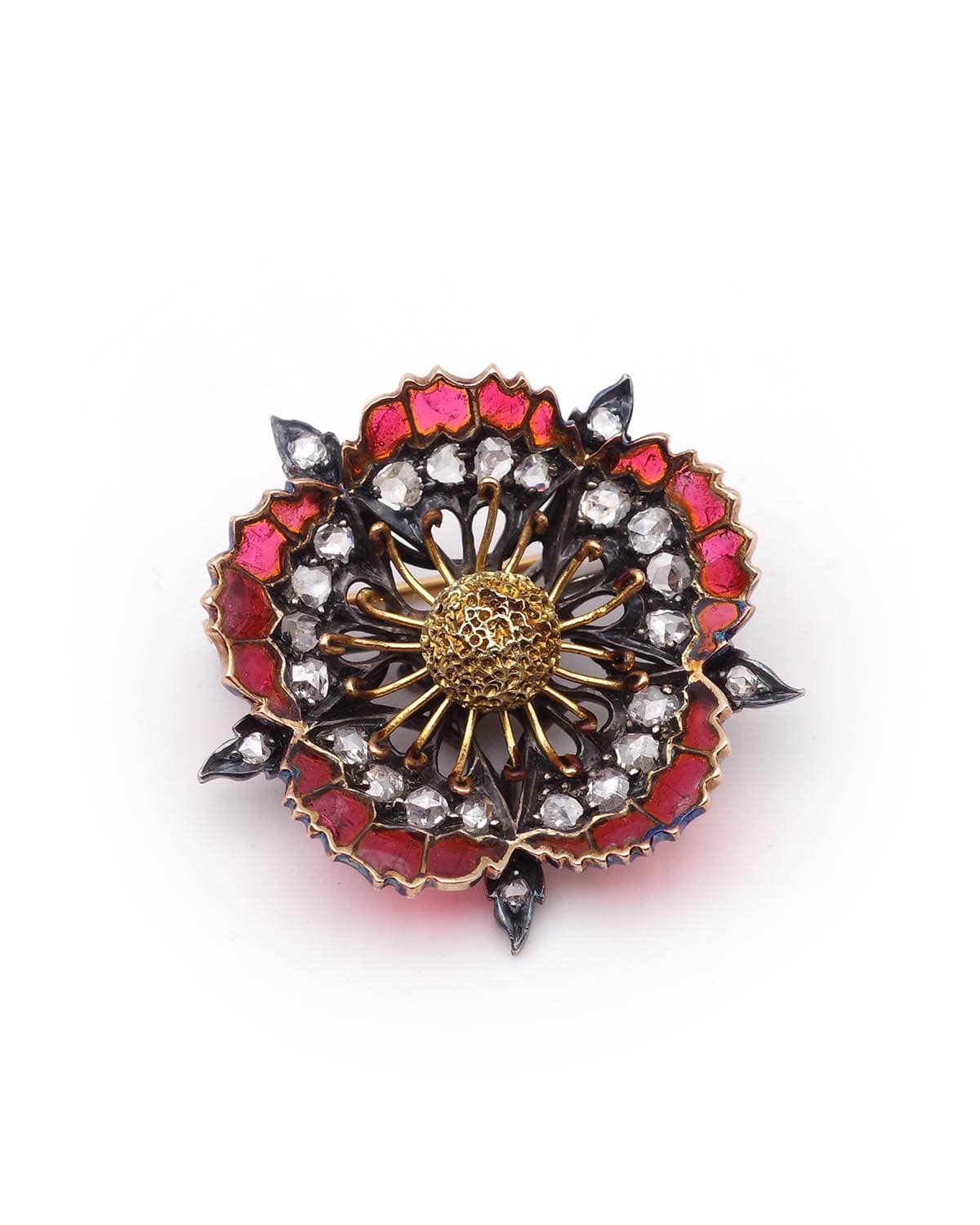 Brooch made of yellow gold, silver, Enamel, and diamonds.