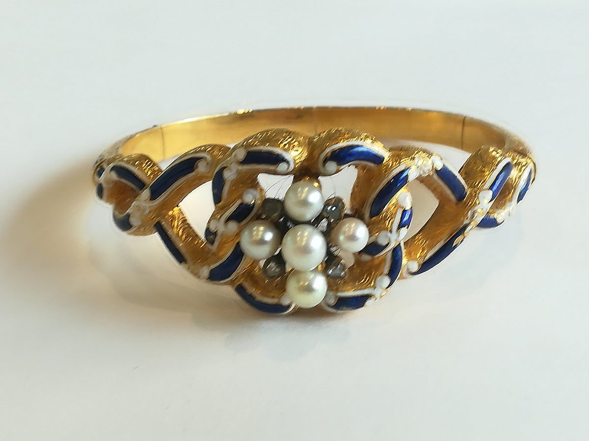 Antique Gold Enamel Bracelet with Pearls and Diamonds