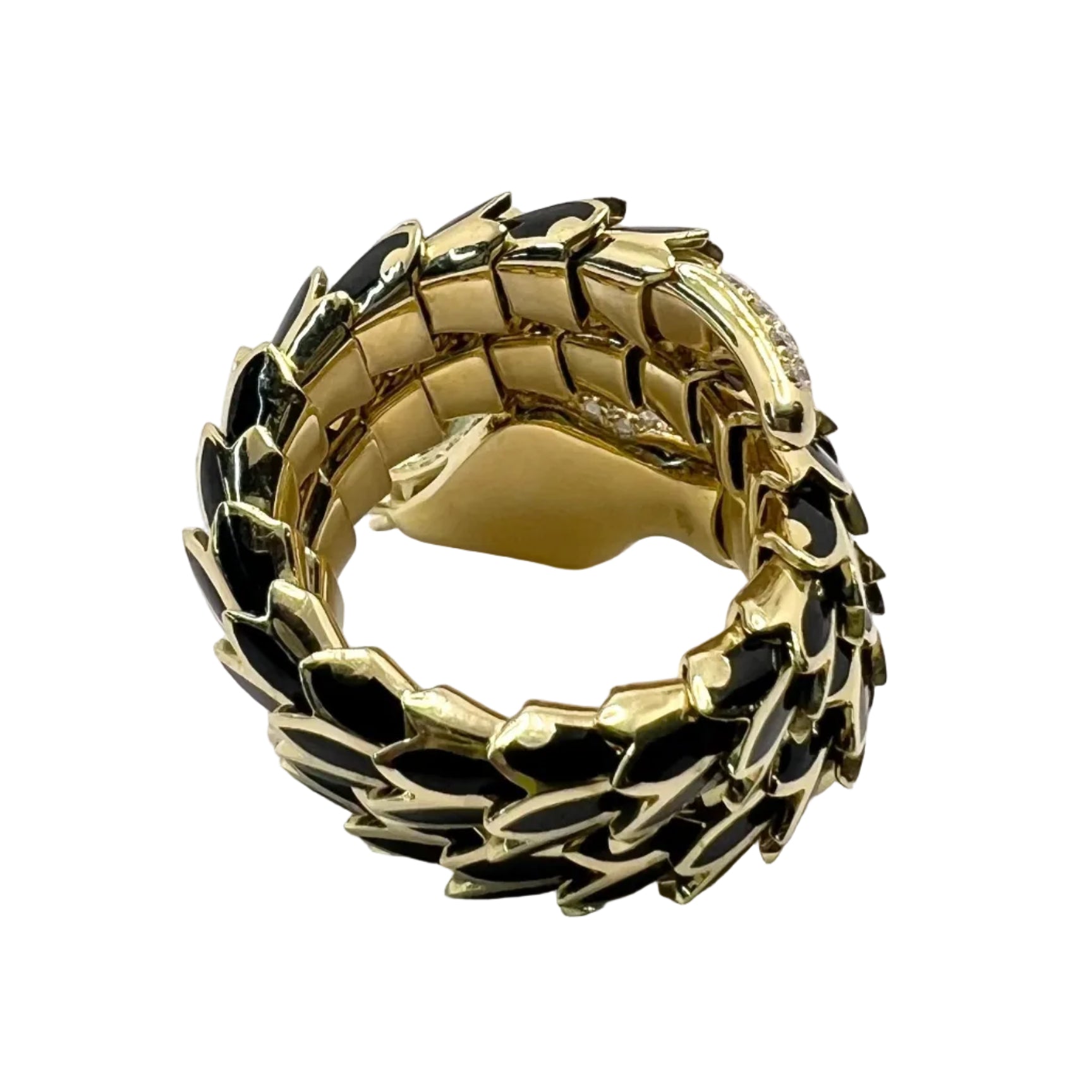 Ring in yellow gold, Enamel, emeralds, and Diamonds