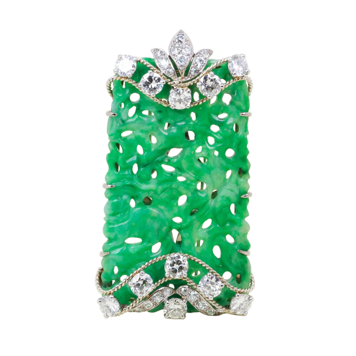 CARTIER Clip Brooch in white gold, platinum, jade, and diamonds