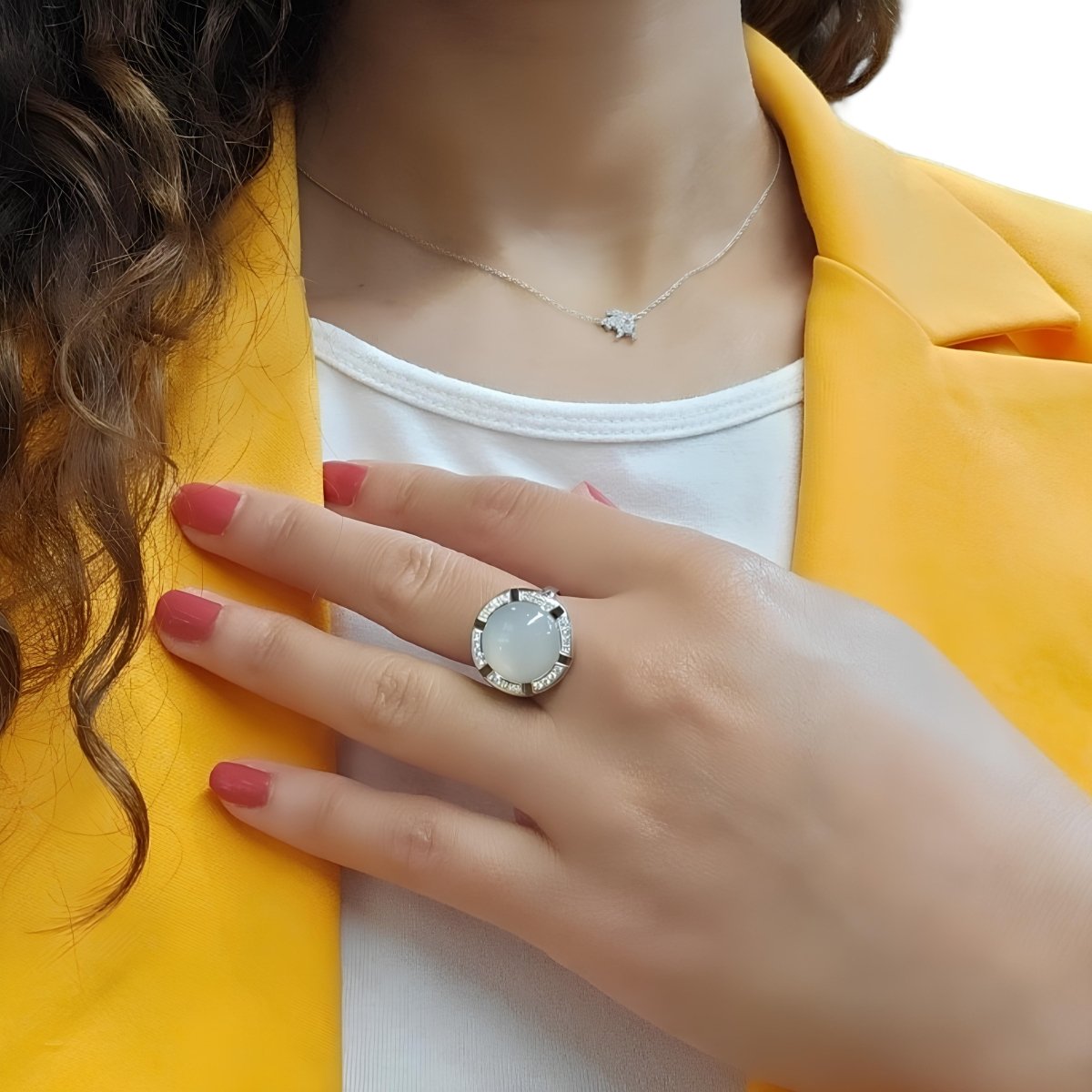 Chaumet - Bague "Class One Croisière" en or blanc 18 carats pierre de lune et diamants - Taille EU51 - Castafiore