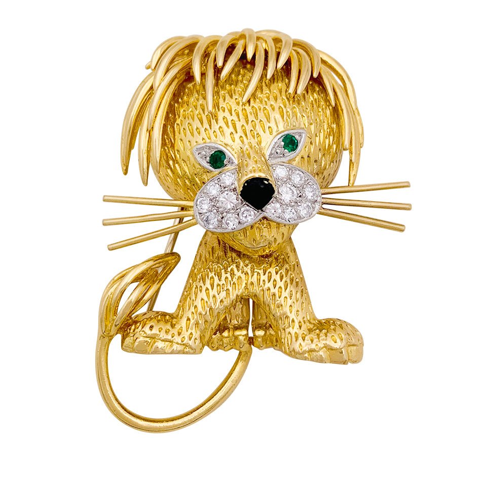 Clip VAN CLEEF & ARPELS "Lion Ebouriffé" en or jaune, platine, émeraudes et diamants - Castafiore