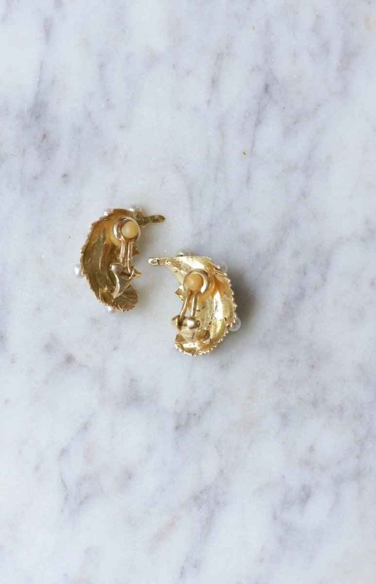 Clips d'oreille plume or jaune et perles - Castafiore