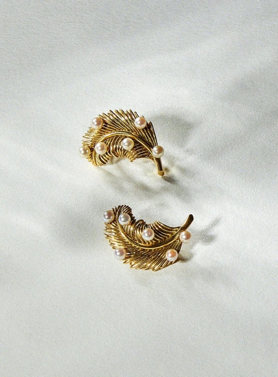 Clips d'oreille plume or jaune et perles - Castafiore