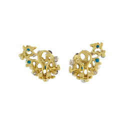 Clips d'Oreilles Gilbert Albert Turquoises Diamants Perles Or jaune 18 carats - Castafiore