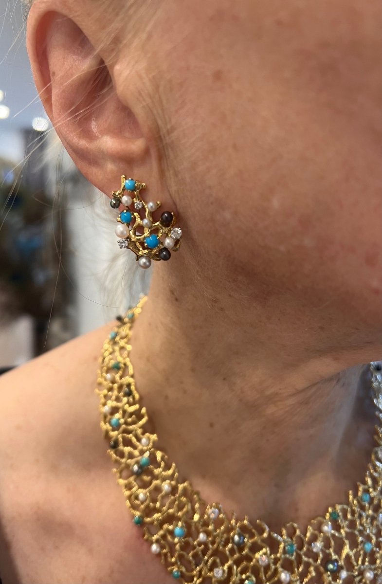Clips d'Oreilles Gilbert Albert Turquoises Diamants Perles Or jaune 18 carats - Castafiore