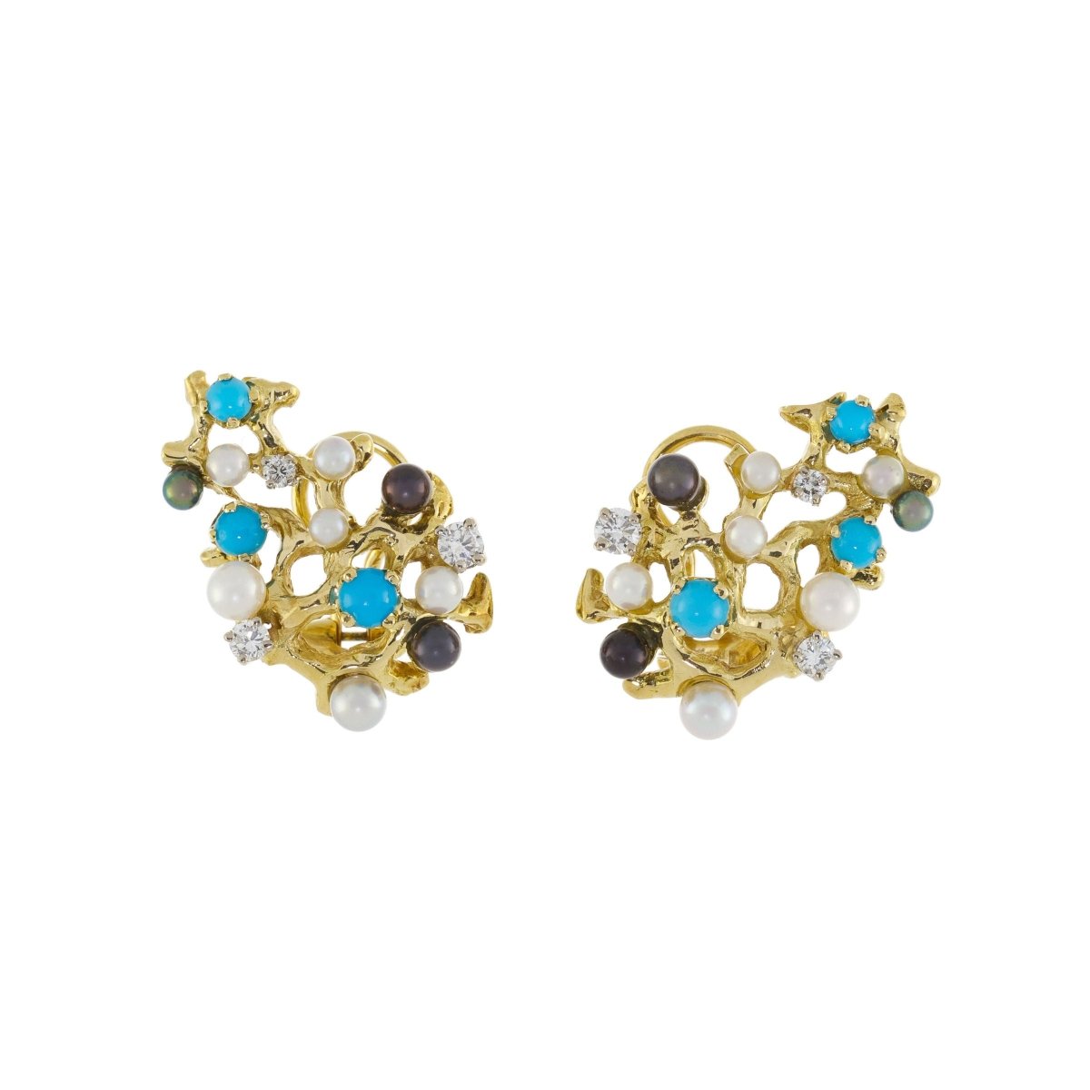 Clips d'Oreilles Gilbert Albert Turquoises Diamants Perles Or jaune 18 carats - Castafiore