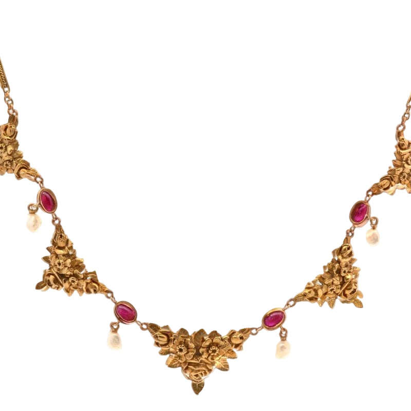 Collier ANCIEN 19e en or jaune perles fines et rubis cabochon - Castafiore