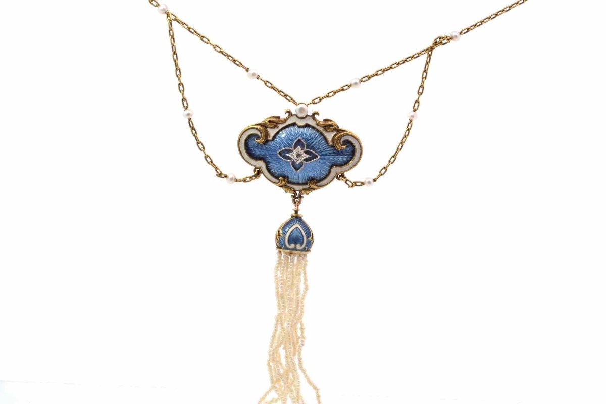 Collier ancien 19e perles fines, diamant et émail en or 18k - Castafiore
