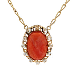 Collier ANCIEN Camée maille cheval en or jaune corail et perles fines - Castafiore