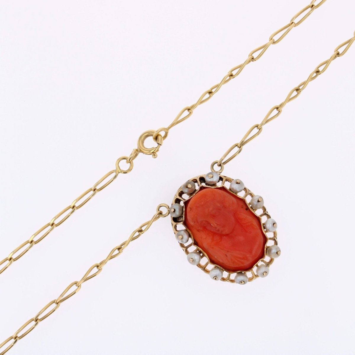 Collier ANCIEN Camée maille cheval en or jaune corail et perles fines - Castafiore