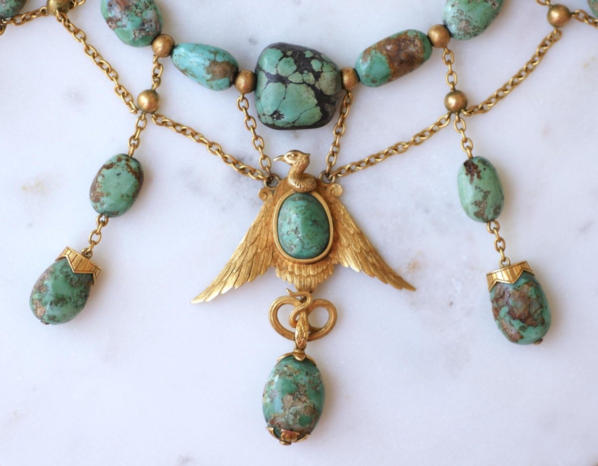 Collier Ancien Neo Egyptien Or Jaune et Turquoises - Castafiore
