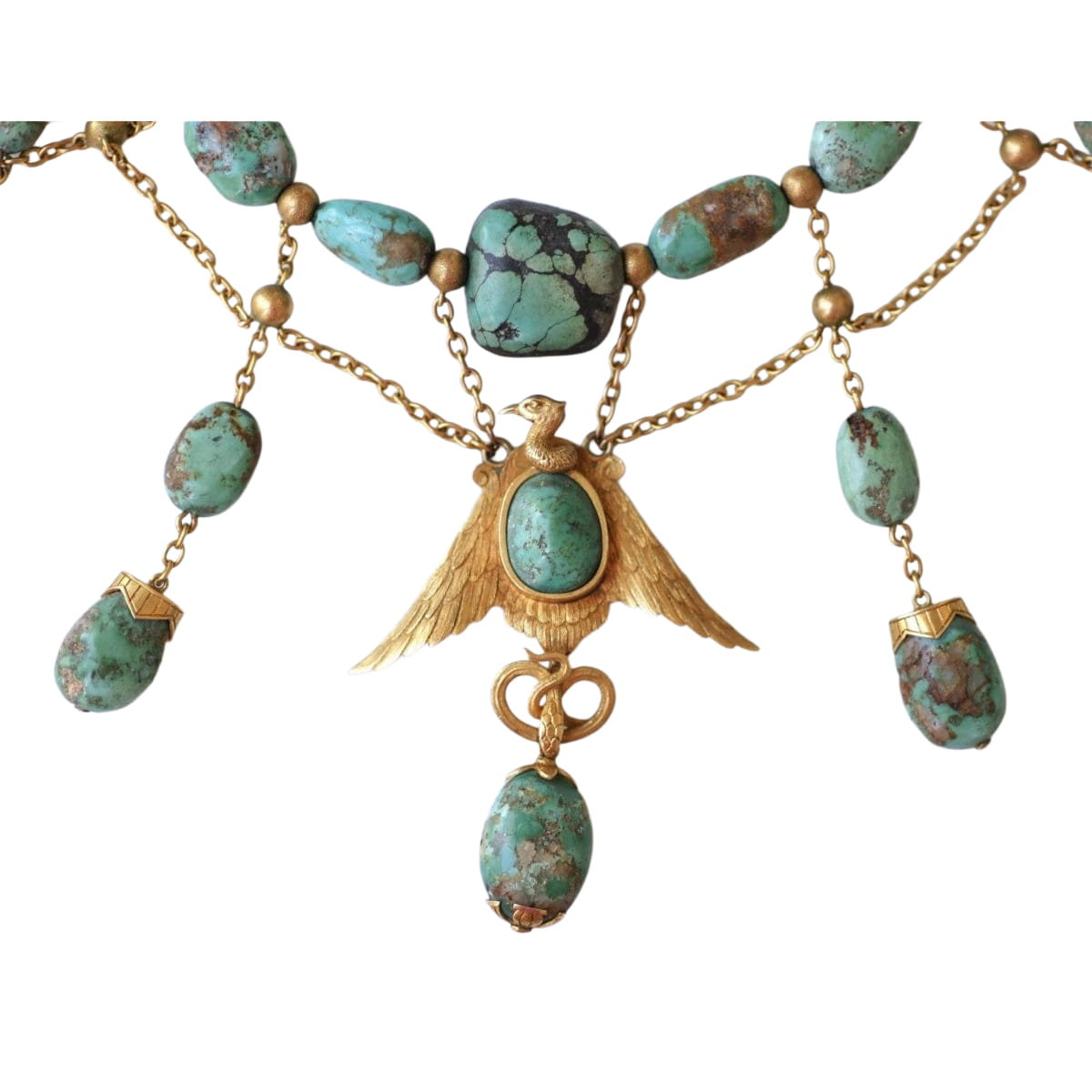 Collier Ancien Neo Egyptien Or Jaune et Turquoises - Castafiore
