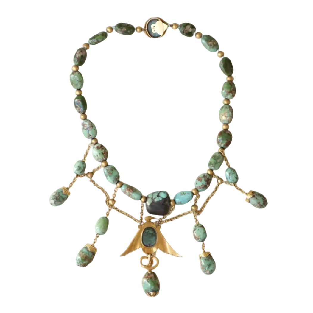 Collier Ancien Neo Egyptien Or Jaune et Turquoises - Castafiore