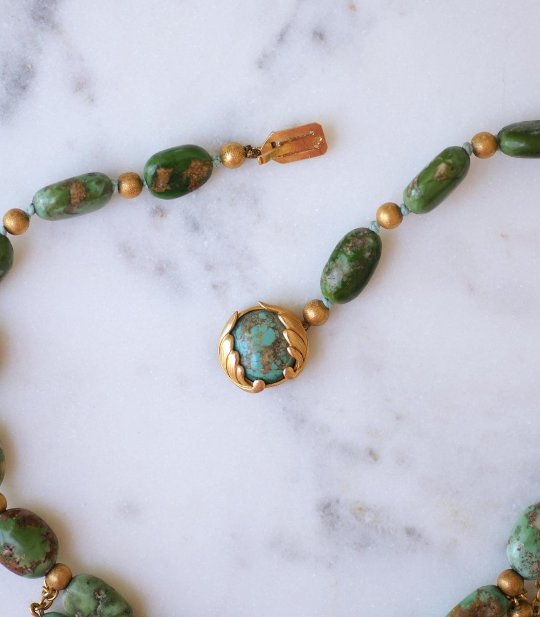 Collier Ancien Neo Egyptien Or Jaune et Turquoises - Castafiore