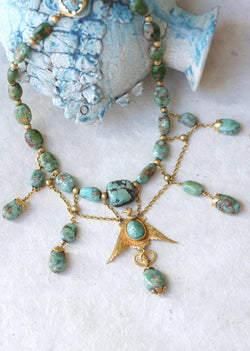 Collier Ancien Neo Egyptien Or Jaune et Turquoises - Castafiore