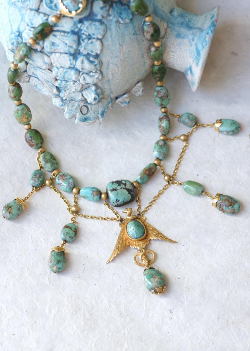 Collier Ancien Neo Egyptien Or Jaune et Turquoises - Castafiore