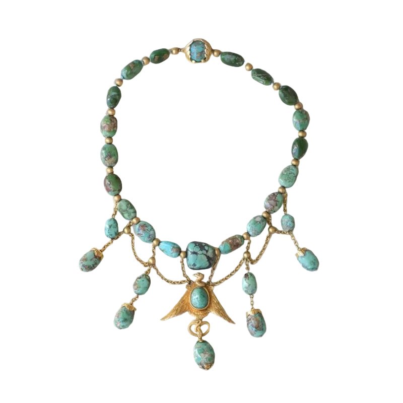 Collier Ancien Neo Egyptien Or Jaune et Turquoises - Castafiore
