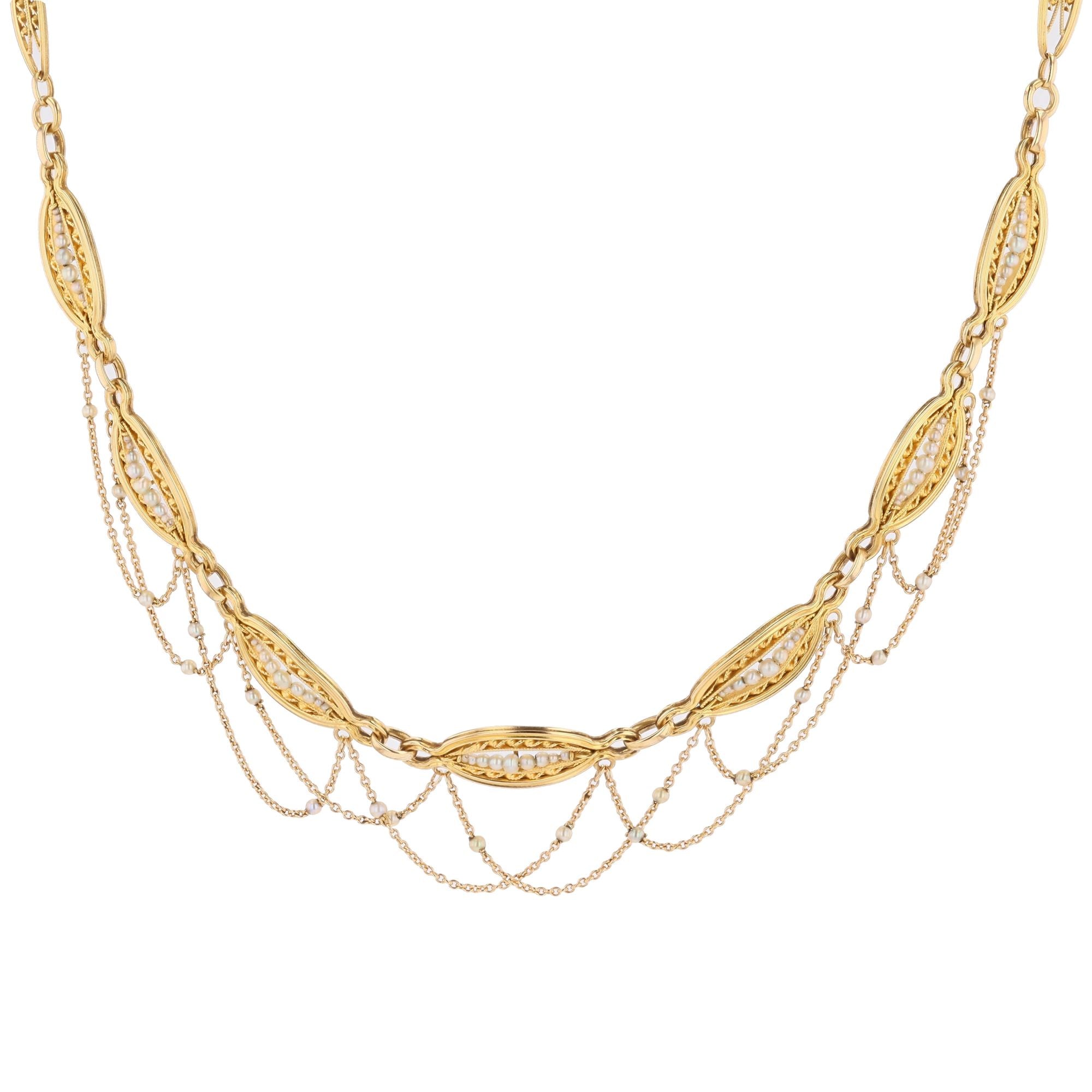 Collier ancien perles fines or jaune en draperie