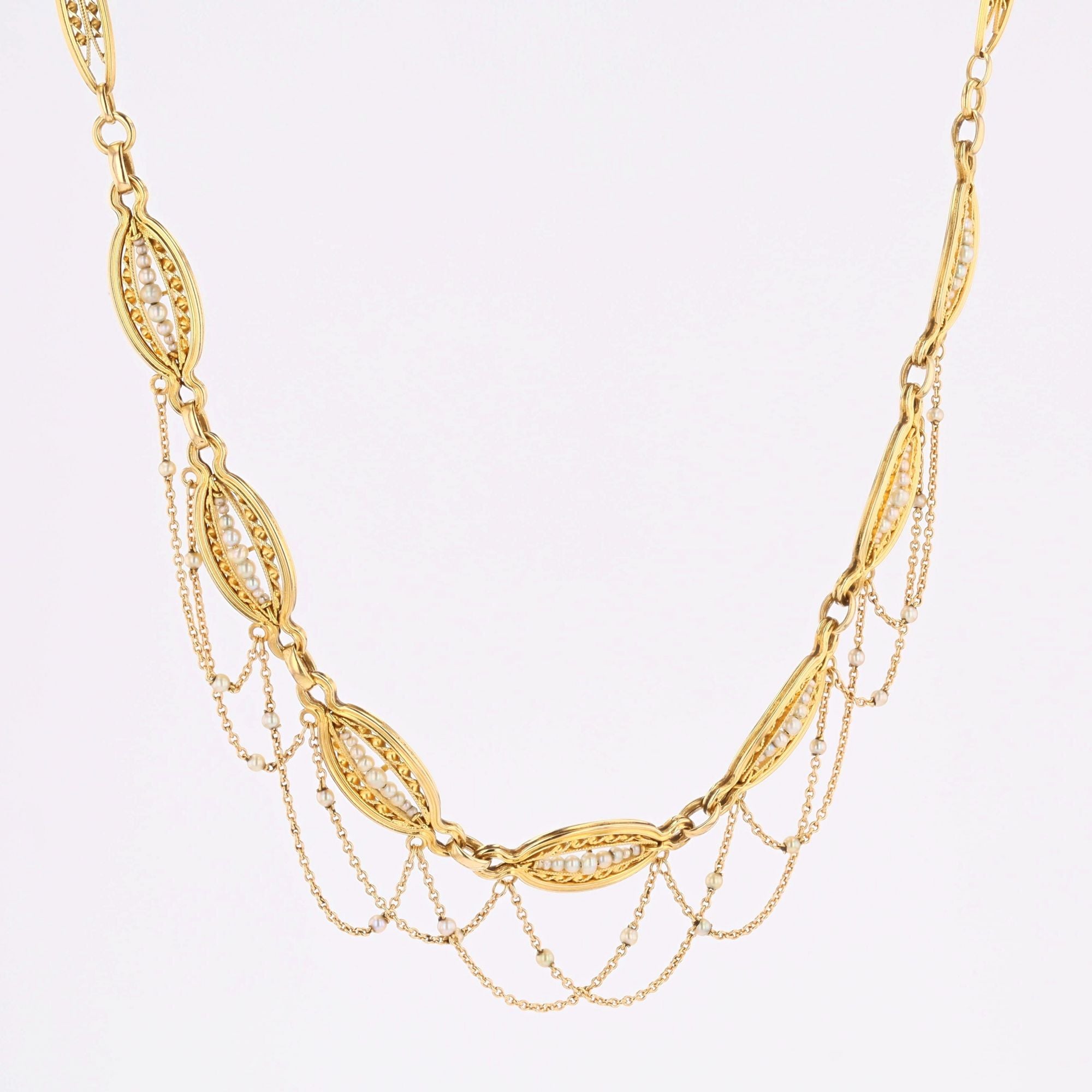 Collier ancien perles fines or jaune en draperie