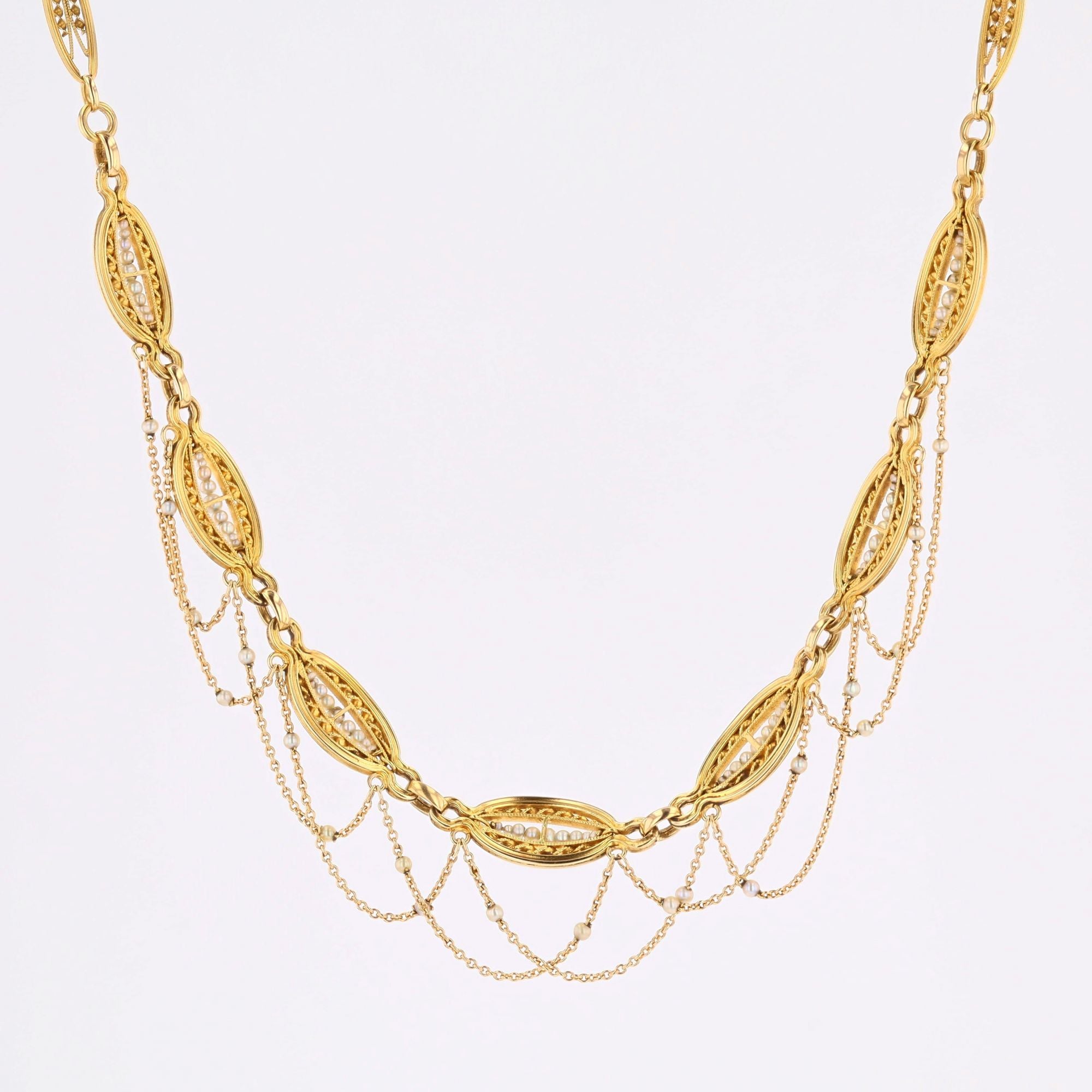 Collier ancien perles fines or jaune en draperie