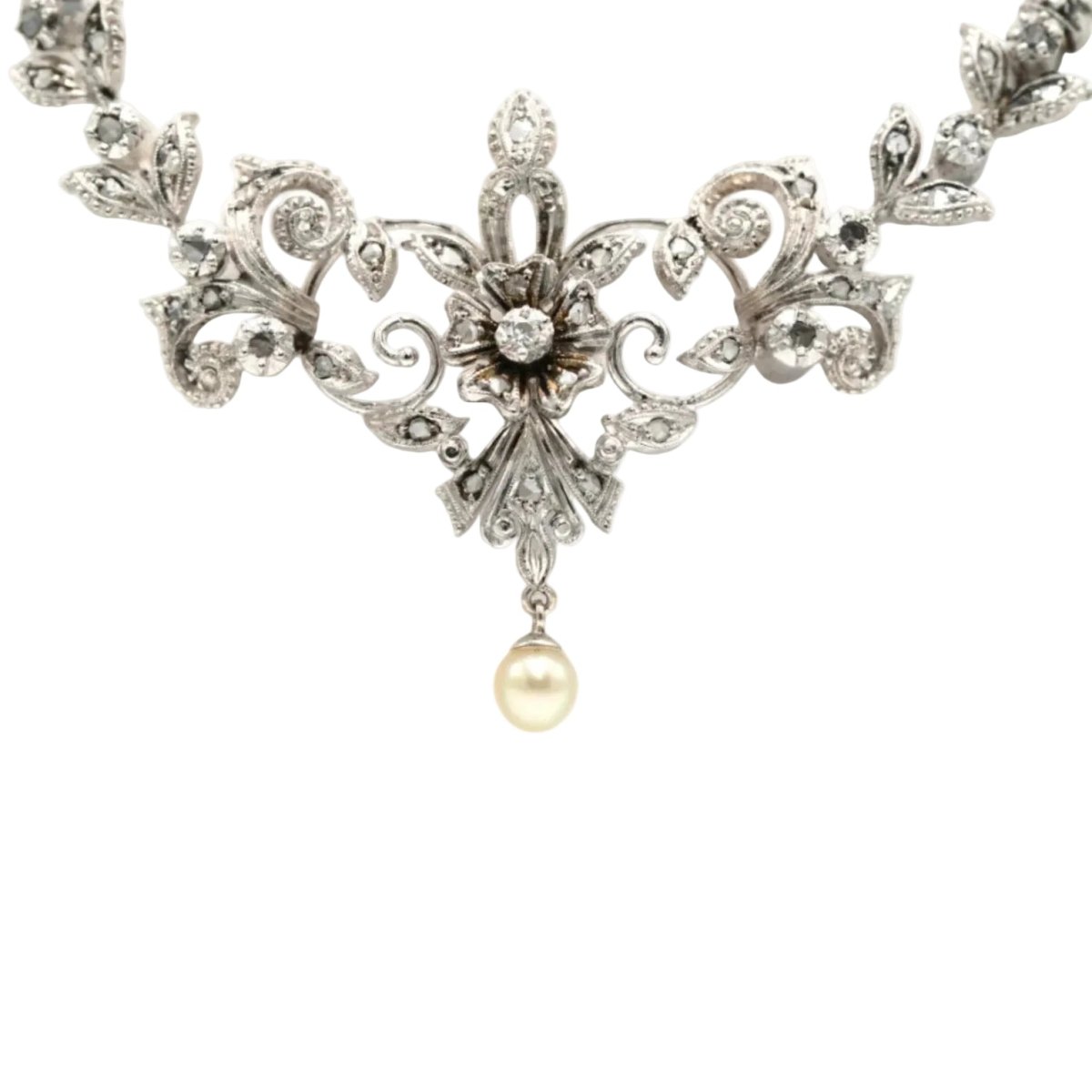 Collier Art Nouveau en or blanc, or jaune, perle et diamants - Castafiore