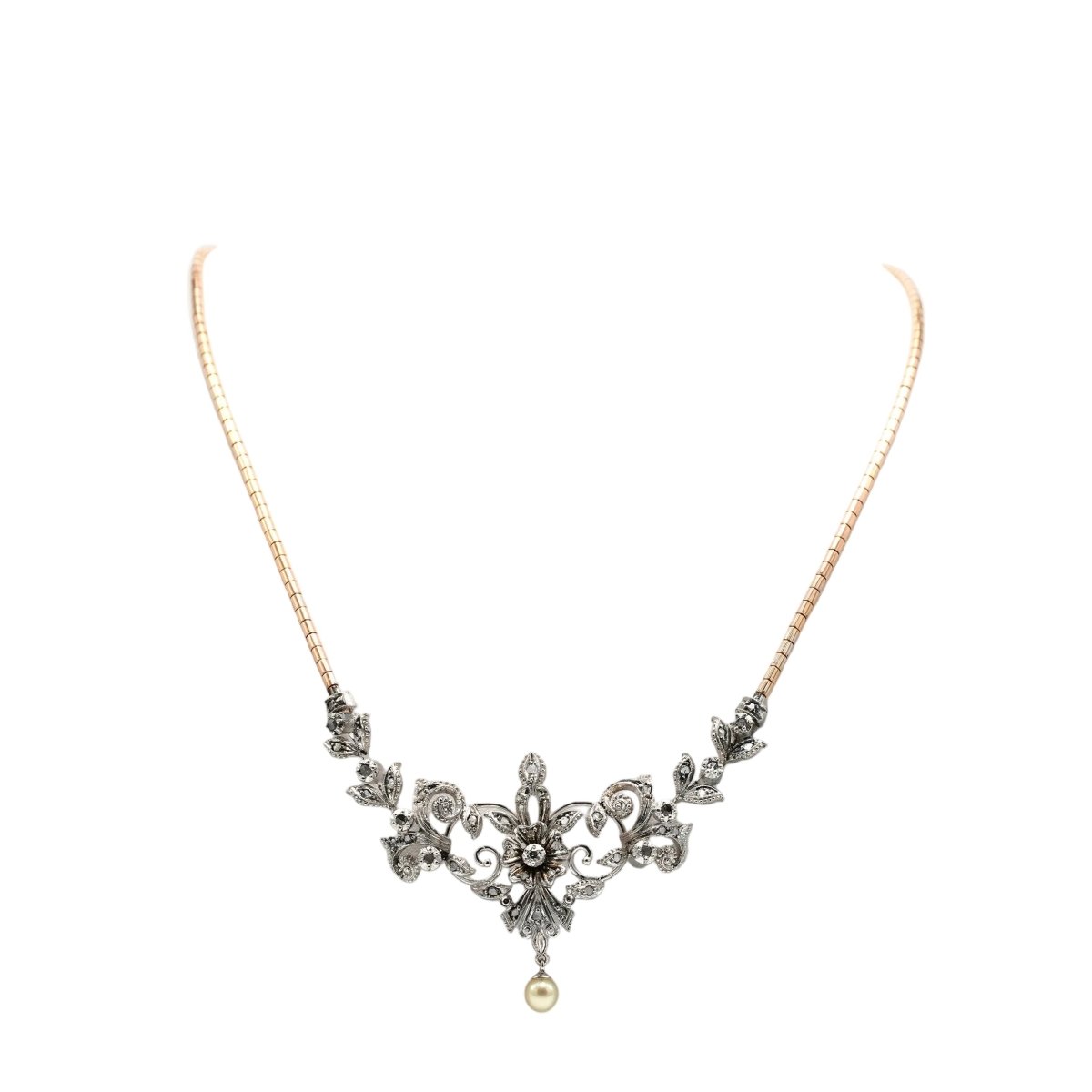 Collier Art Nouveau en or blanc, or jaune, perle et diamants - Castafiore