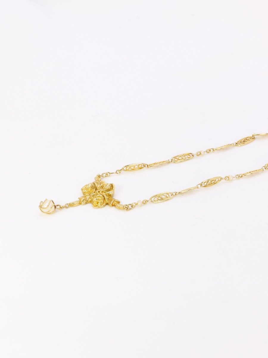Collier Art Nouveau maille filigrane or jaune perles fines - Castafiore