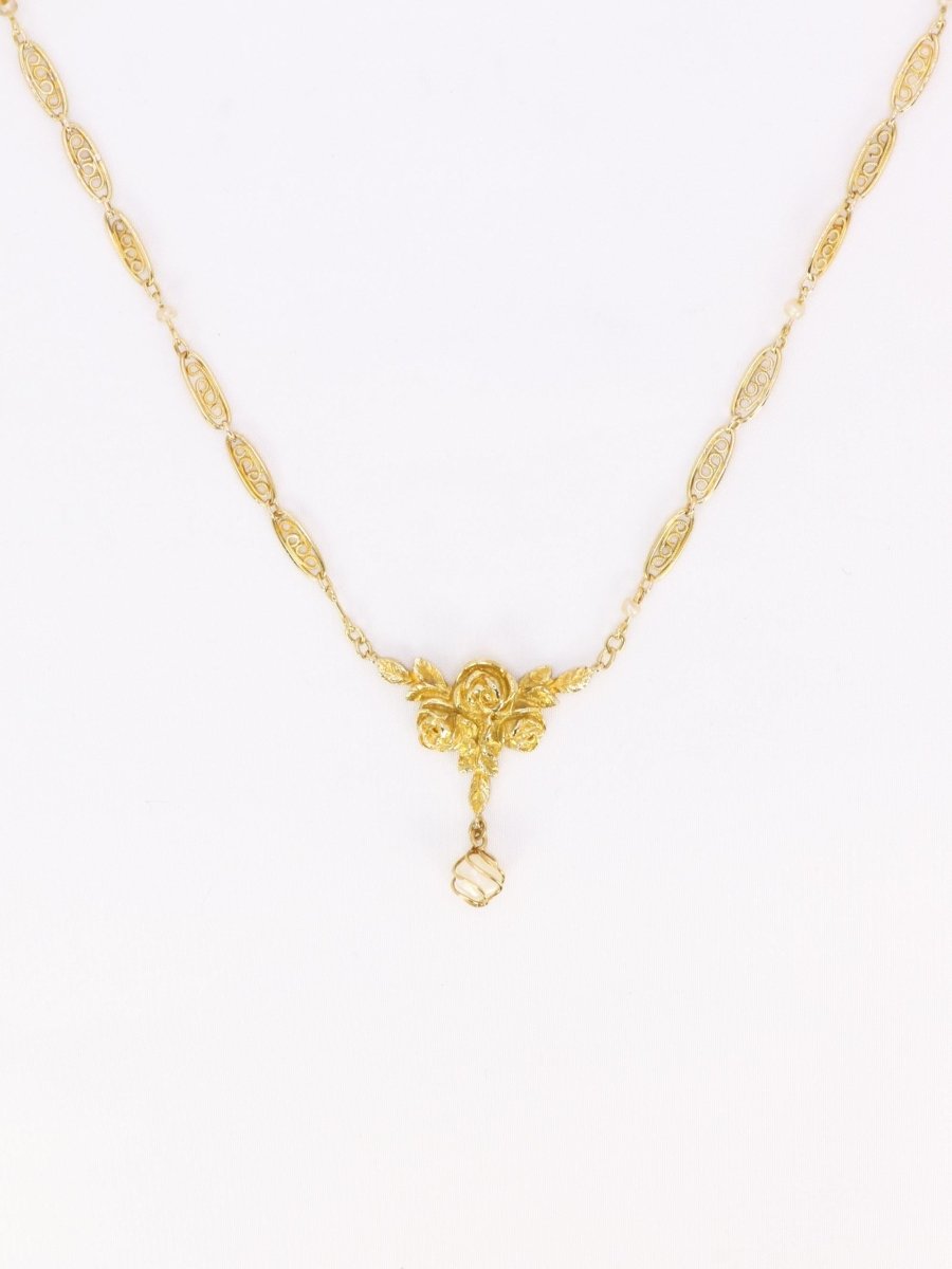 Collier Art Nouveau maille filigrane or jaune perles fines - Castafiore
