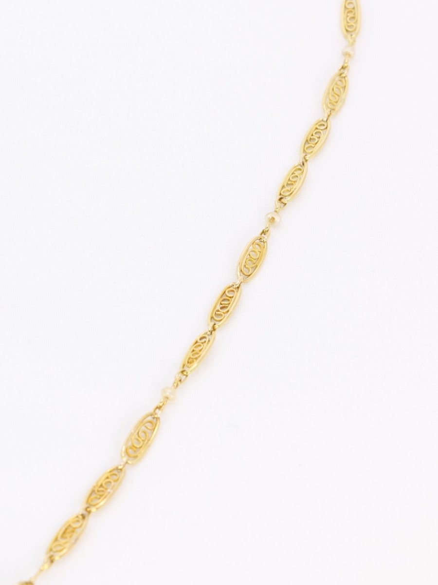 Collier Art Nouveau maille filigrane or jaune perles fines - Castafiore