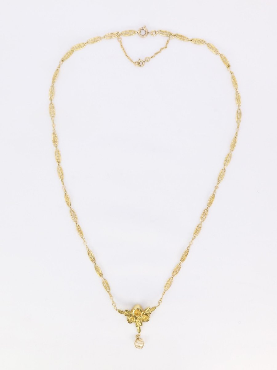 Collier Art Nouveau maille filigrane or jaune perles fines - Castafiore
