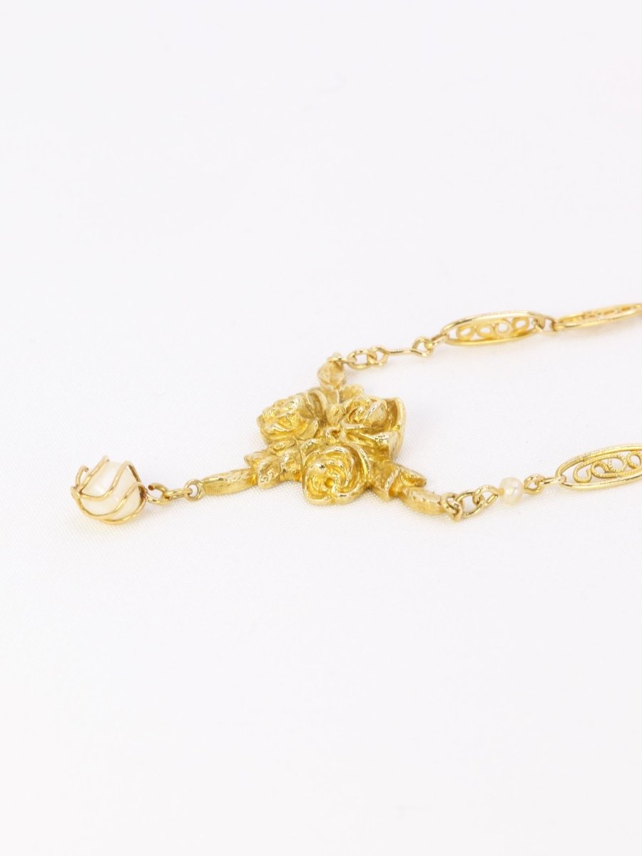 Collier Art Nouveau maille filigrane or jaune perles fines - Castafiore