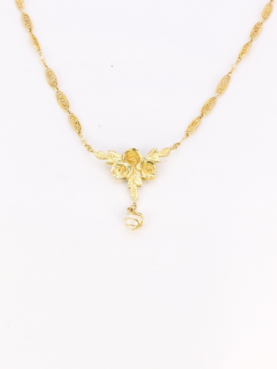 Collier Art Nouveau maille filigrane or jaune perles fines - Castafiore