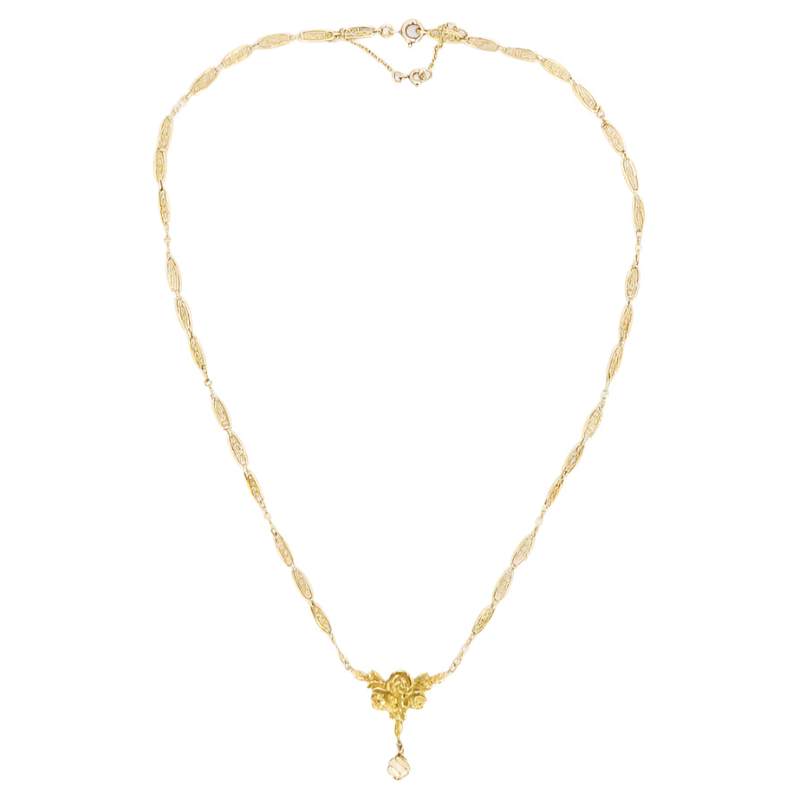 Collier Art Nouveau maille filigrane or jaune perles fines - Castafiore