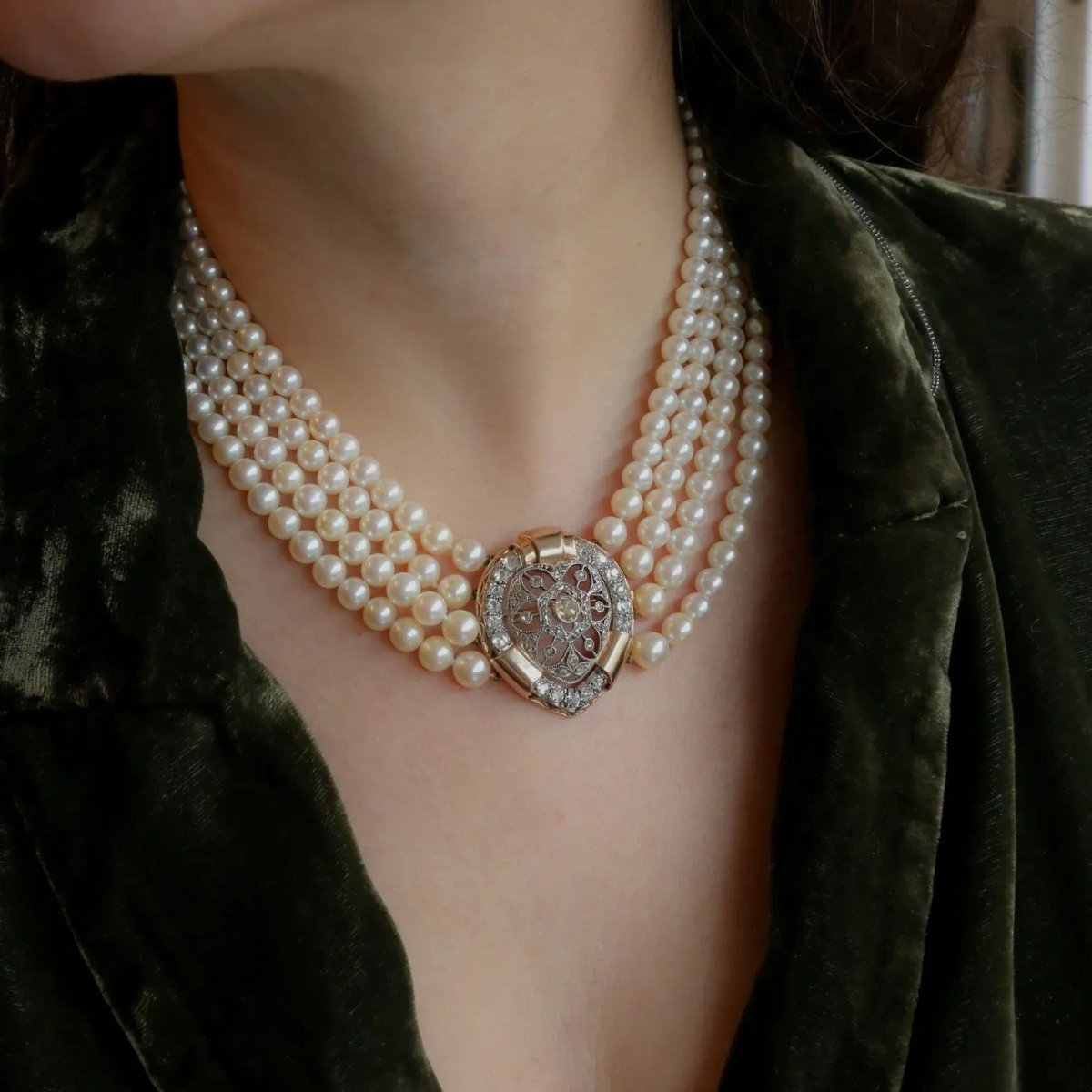 Collier Belle Epoque diamants perles de culture - Castafiore