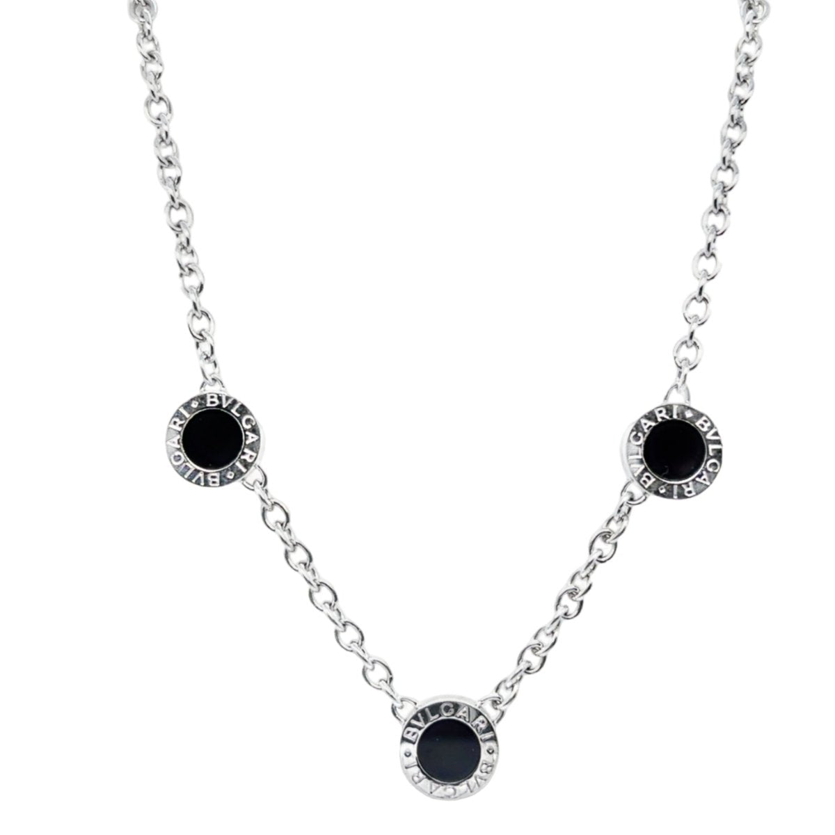 Collier BULGARI en or blanc, onyx et diamants - Castafiore
