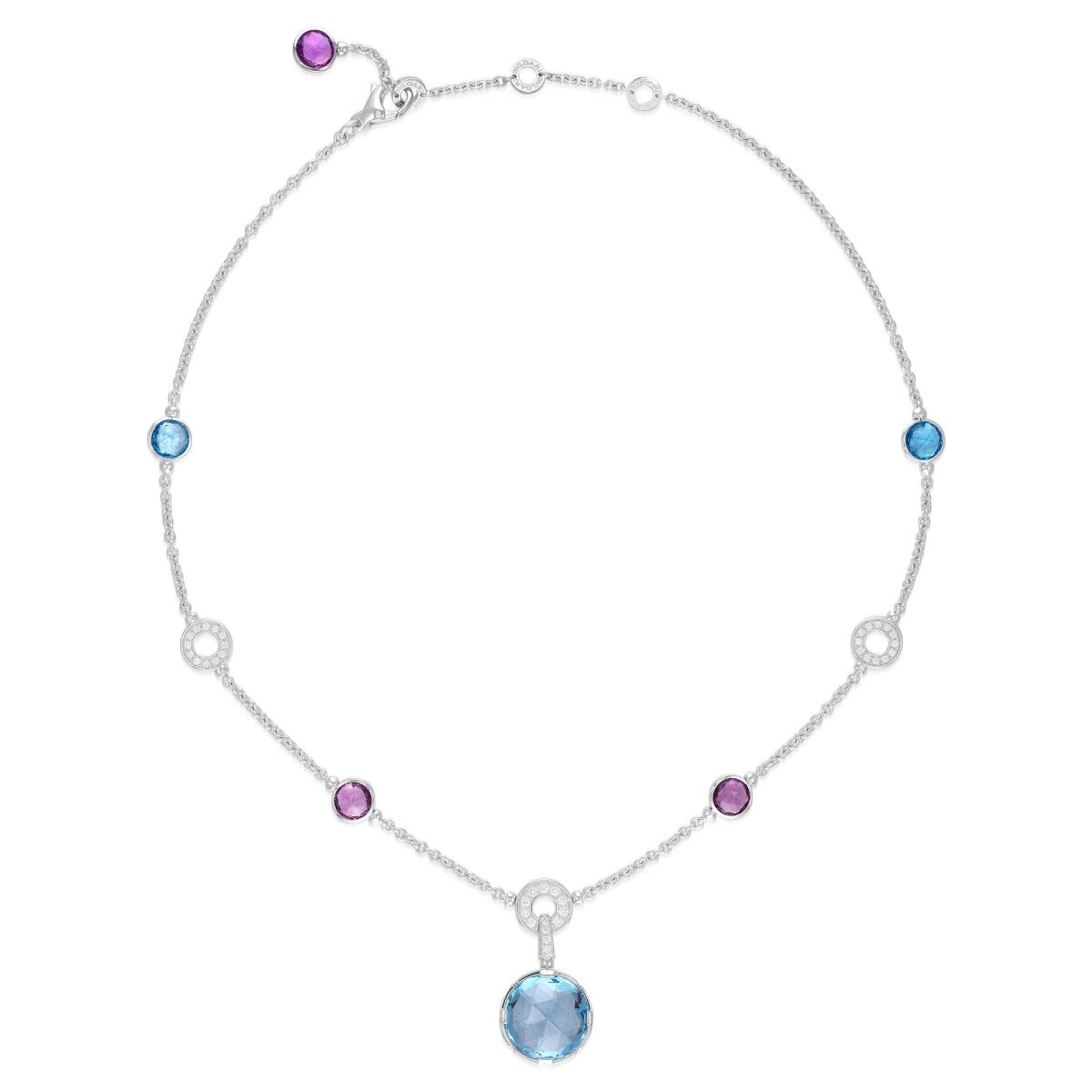 Collier BULGARI "Parentesi Cocktail" en or blanc, topazes bleues, améthystes et diamants - Castafiore