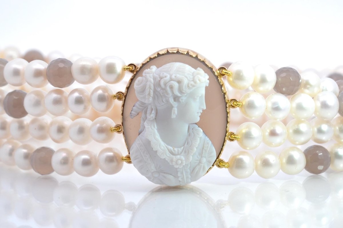 Collier camée agate et perles d'eau douce en or - Castafiore