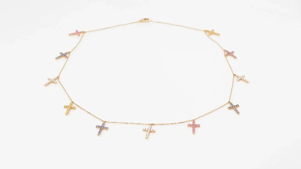 Collier Cartier 11 Croix en or rose, diamants et saphirs de couleurs - Castafiore