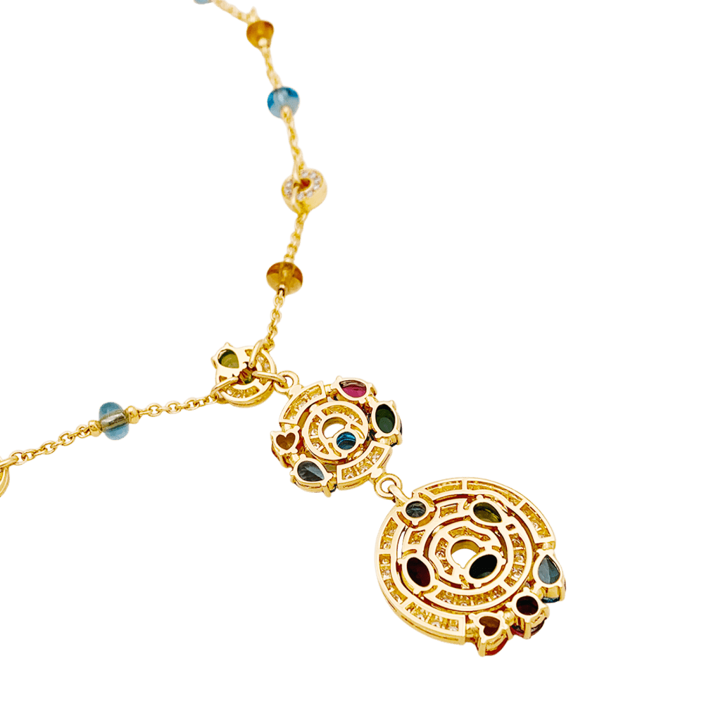 Collier Chaîne BULGARI "Astrale" en or jaune, topazes, citrines, péridots, rhodolites, tourmalines et diamants - Castafiore