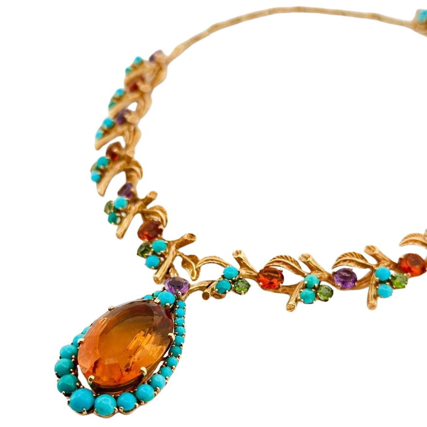Collier Cocktail en or jaune, peridot, turquoise et topaze - Castafiore