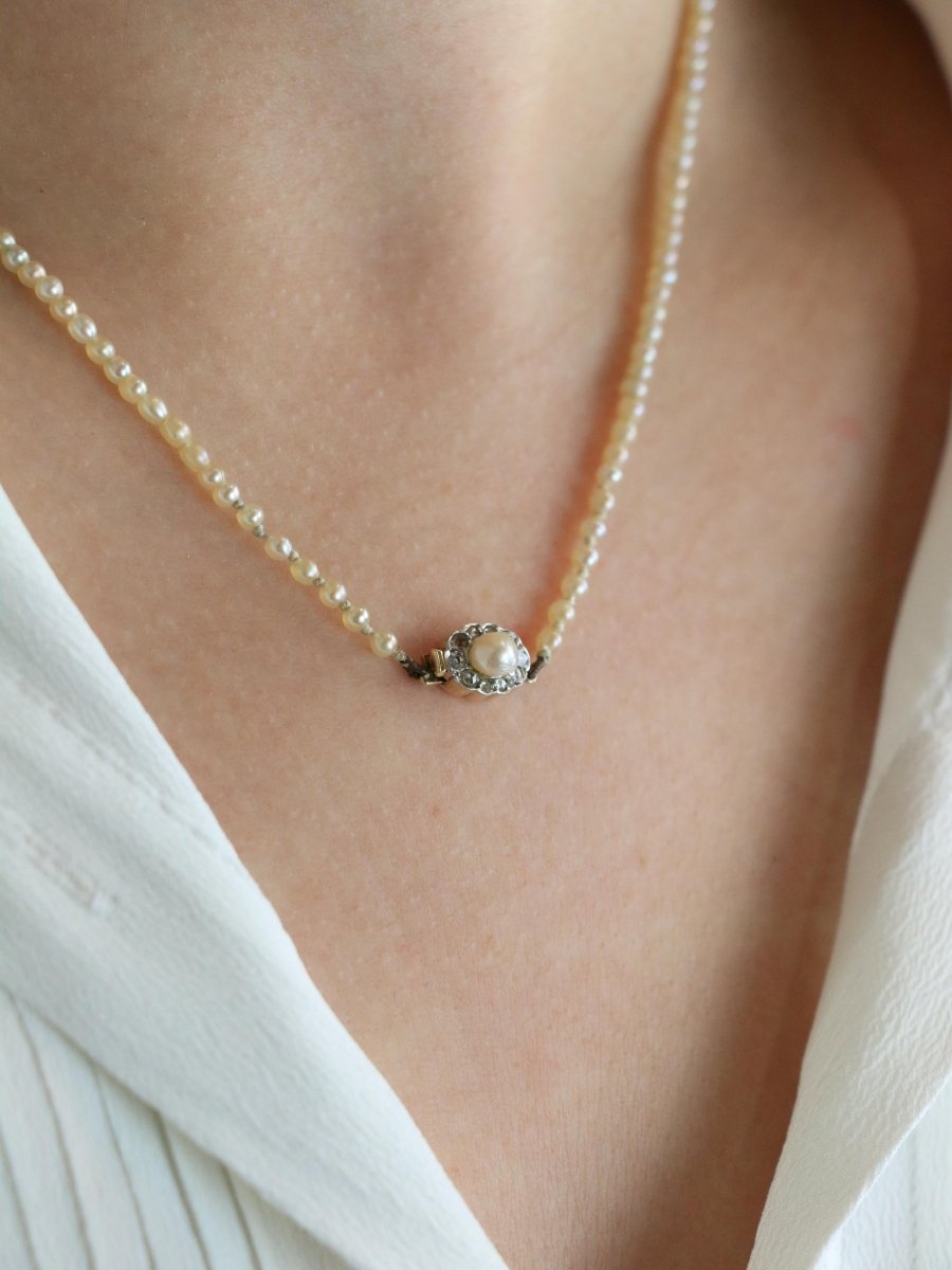 Collier de perles fines fermoir or jaune diamants taille rose - Castafiore