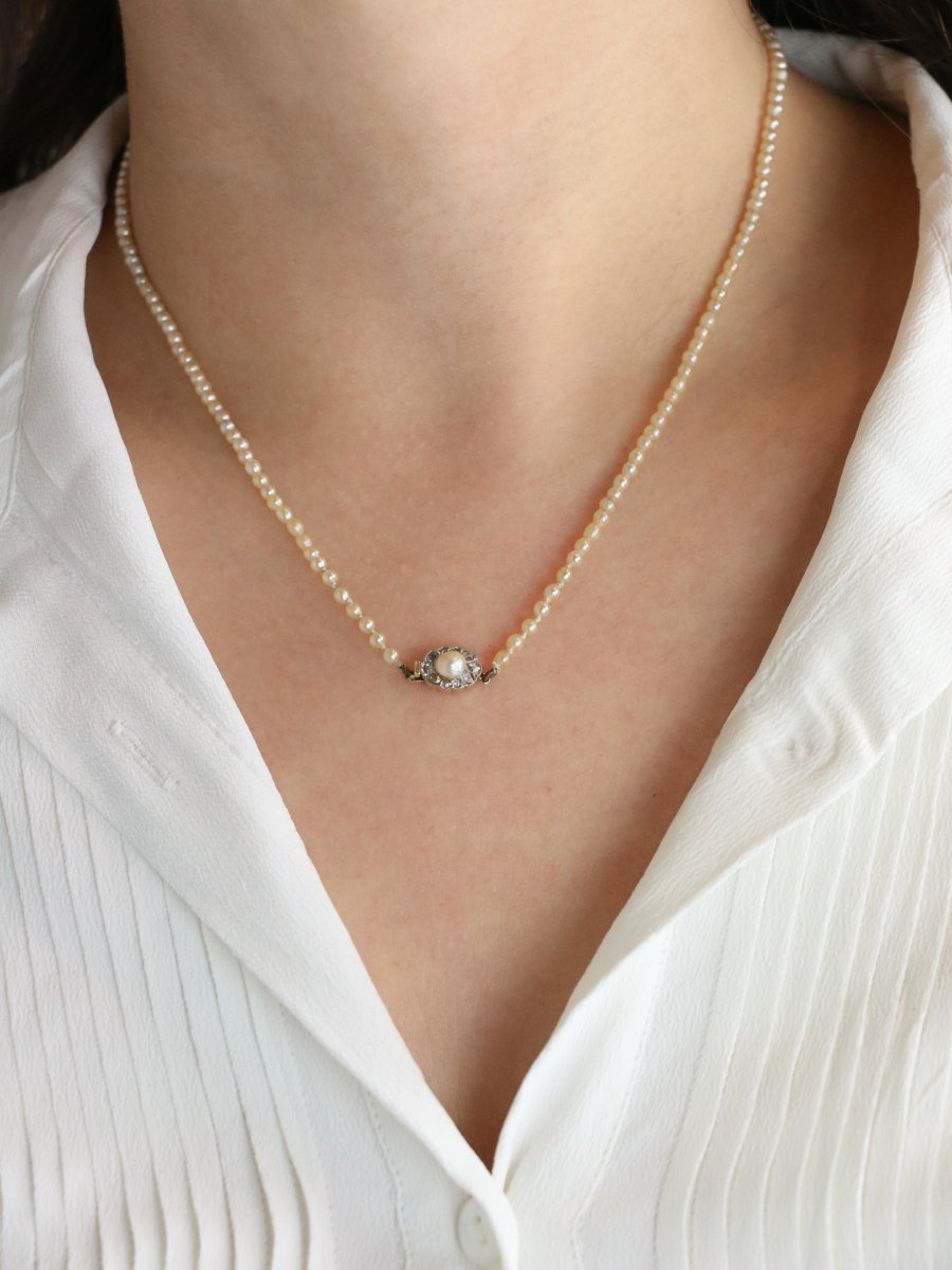 Collier de perles fines fermoir or jaune diamants taille rose - Castafiore