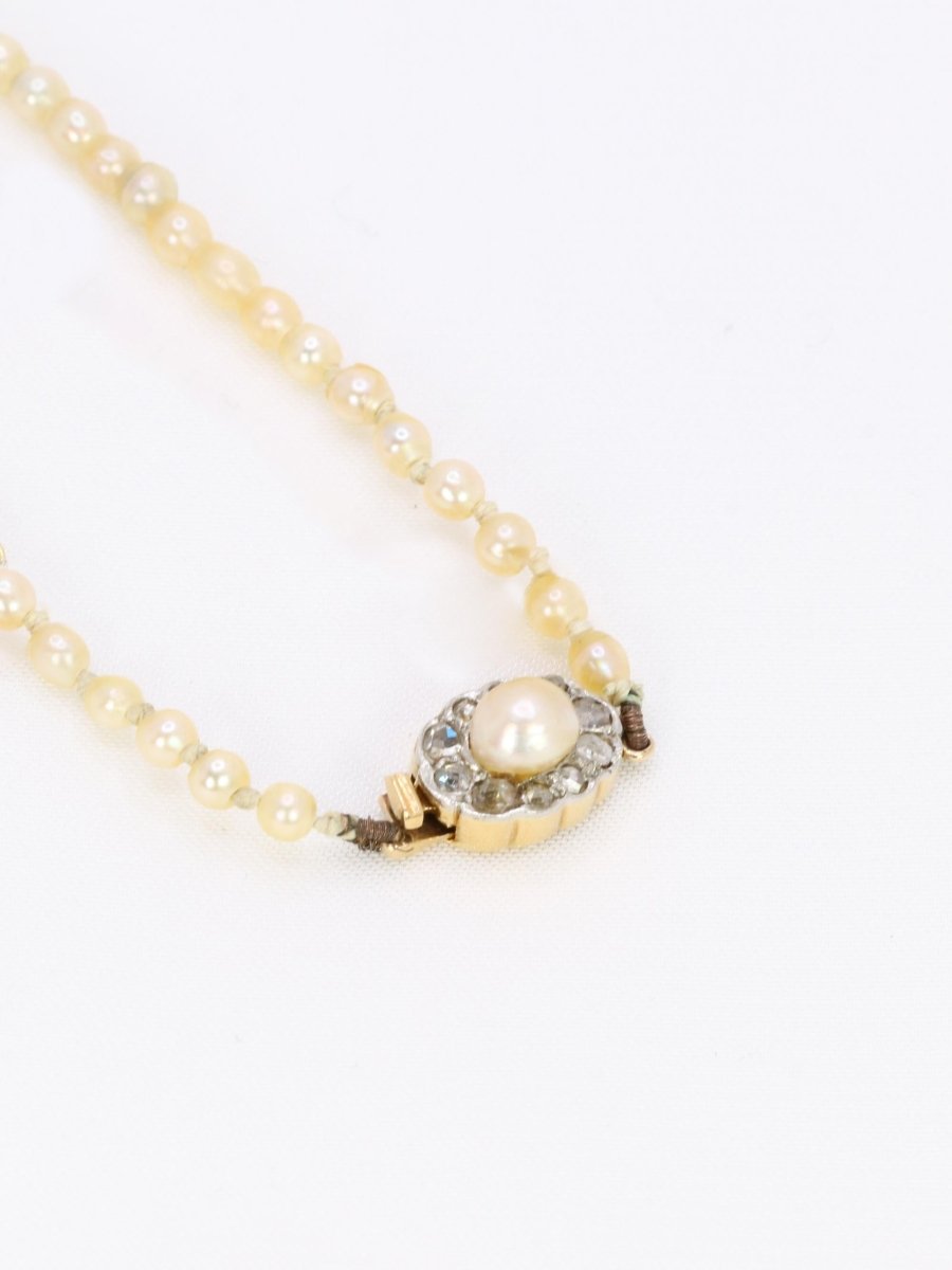 Collier de perles fines fermoir or jaune diamants taille rose - Castafiore