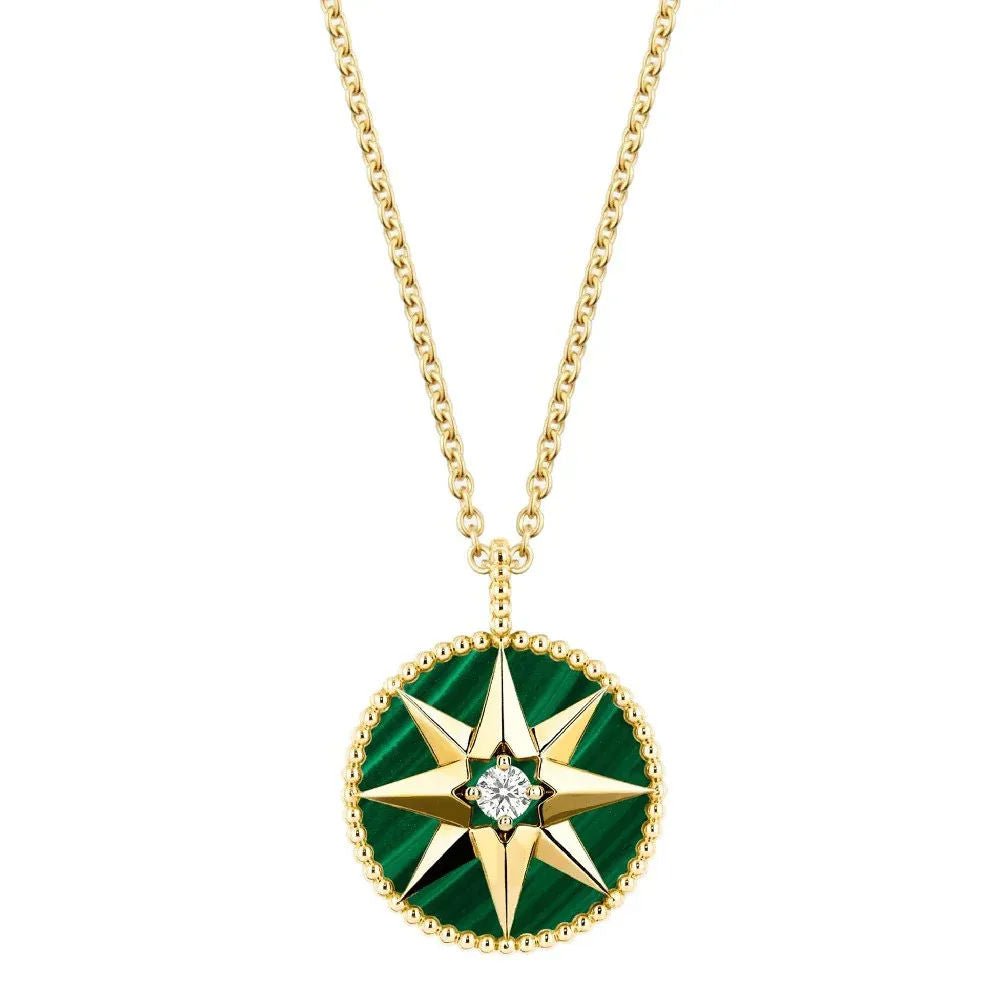Collier Dior Rose des Vents Moyen Modèle Malachite Diamant Or Jaune 18 Carats - Castafiore