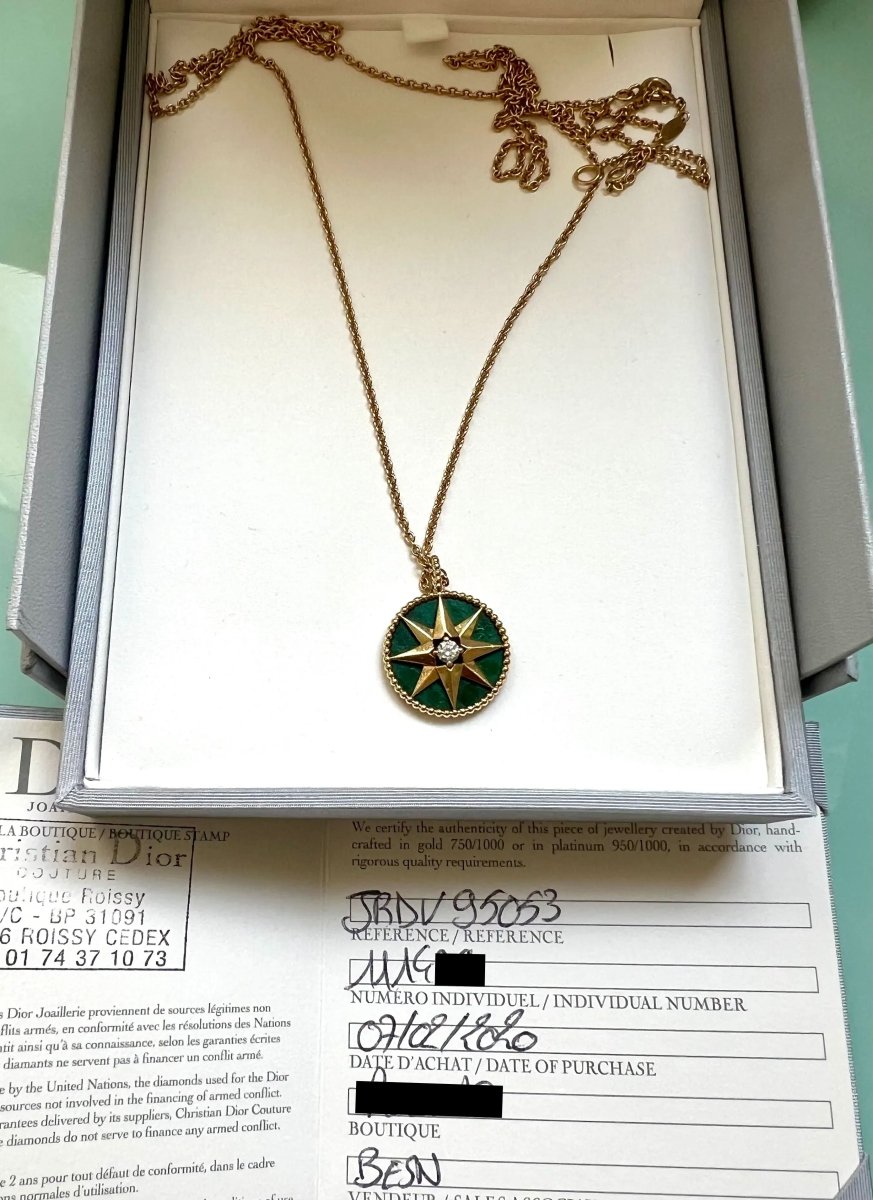 Collier Dior Rose des Vents Moyen Modèle Malachite Diamant Or Jaune 18 Carats - Castafiore